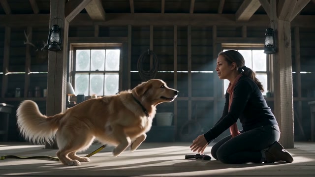 The forward leap: The dog leaps toward the owner while the warehouse is still visible.