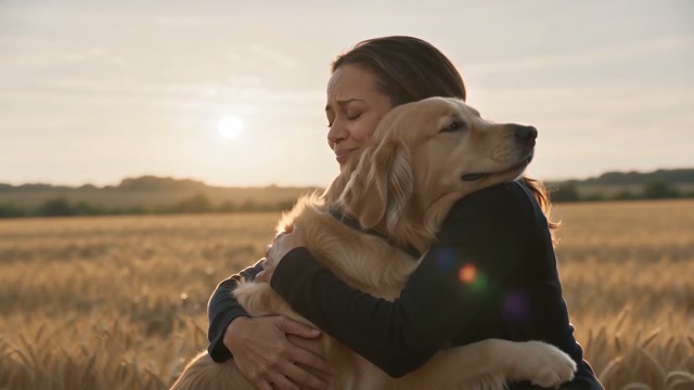 The reunion: The owner holds the healthy dog in the warm field memory.
